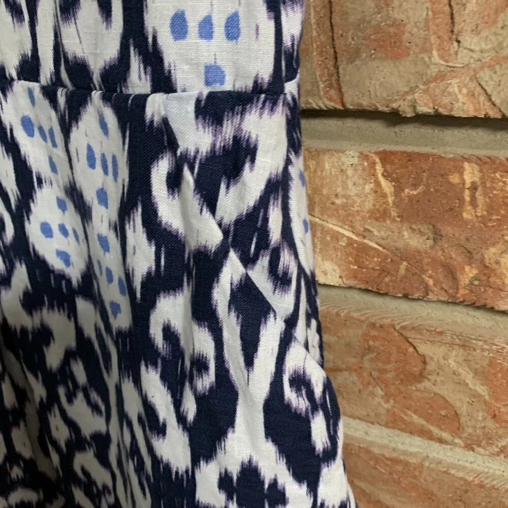 Gap 100% Linen Sleeveless V-neck Fit & Flare Ikat Blue White Mini Dress Size 4